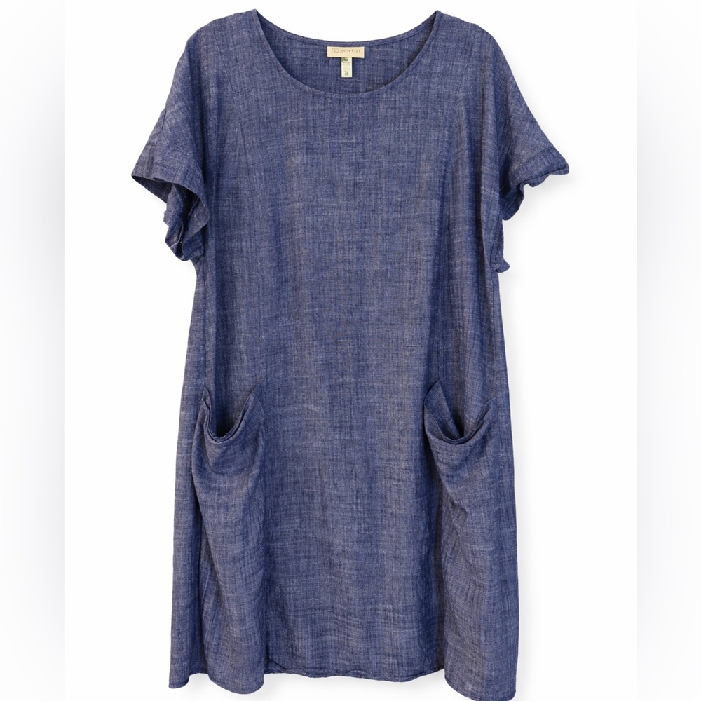 52 Seven Linen Blend Shift Dress Size Medium Blue Minimalist Pocket Dress Chic